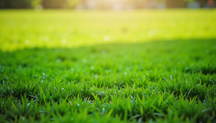 Naklejka premium Green grass field in sunlight with fresh morning dew.