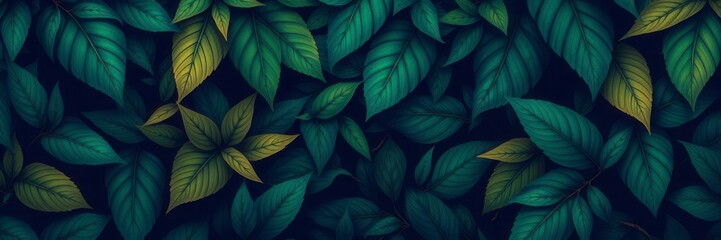 Dark pattern featuring vibrant exotic leaves and intricate designs, background, pattern, vibrant