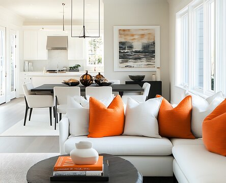 Bright modern living room featuring white walls, orange accent pillows on a cozy sofa, and a chic dining table set in an open layout
