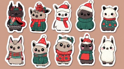 Fototapeta premium Cute Llama Christmas Stickers - Festive Winter Animals