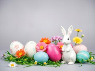 Obraz premium Easter eggs, flowers, and bunny figurines arranged on grey concrete surface, eggs, festive, seasonal