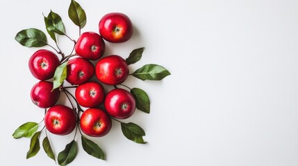 Group of red apples with leaves on white background.