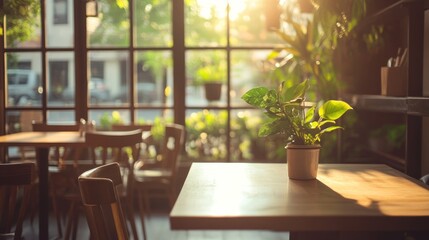Fototapeta premium Sunlit cafe with plants, wooden tables, and blurred outdoor view.