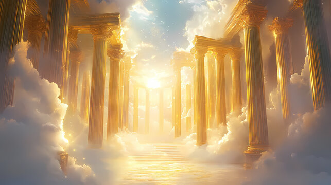 Celestial sanctuary with tall golden pillars environment with clouds and fog effects illustration. Aureate. Illustration
