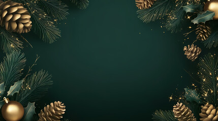 Christmas decorative golden green background illustration, ideal for digital christmas greeting card, minimalistic background with copy space, elegant christms frame. Aureate. Illustration