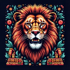 Obraz premium Lion with Psychedelic Tribal Patterns, Bold Wildlife Art Print for T-Shirt