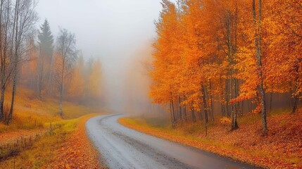 Obraz premium Dark autumn forest with rural road in fog at dusk. Fall trees with orange foliage. Landscape with woods, mountain road, colorful leaves, and mist. Travel. Nature background. Magical foggy forest