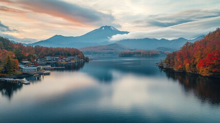 Colorful Autumn Season and Mountain Fuji with morning fog and red leaves at lake Kawaguchiko is one of the best places in Japan