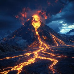 A nighttime volcanic eruption with bright lava flows illuminating the dark mountainside, surrounded by swirling ash clouds, showcasing the raw power of nature.