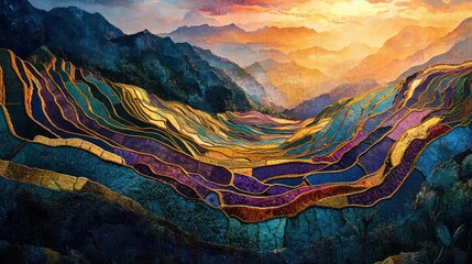 Vibrant, stylized terraced rice paddies nestled in a mountainous landscape, showcasing a mosaic effect with rich colors and textures, creating a stunning artistic representation of nature..