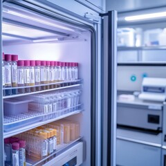A laboratory freezer containing neatly labeled samples, arranged systematically, showcasing an organized and professional scientific environment