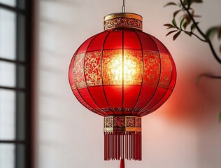 Obraz premium A beautifully illuminated red lantern with intricate gold patterns, ideal for Chinese New Year celebrations, festive decorations, or minimalistic art designs.