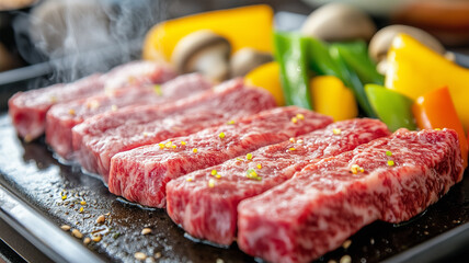 Obraz premium 焼き肉鉄板で焼かれるジューシーな肉と鮮やかな野菜