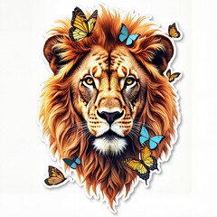 Watercolor Lion with Butterfly and Floral Details, Artistic Wildlife Print