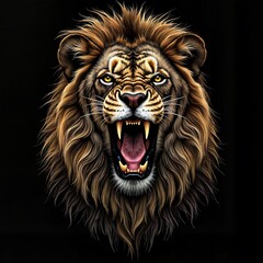 Naklejka premium Fierce Roaring Lion with Black Background, Dramatic Wildlife Print for T-Shirt