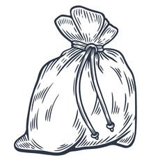 Bag sack full money gifts presents closed string burlap canvas engraving hand drawn illustration...