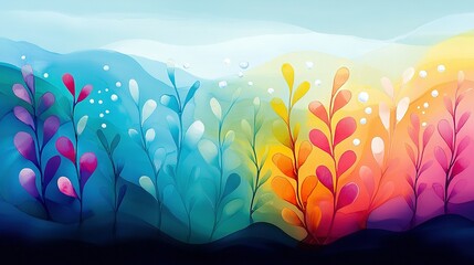 Obraz premium A vibrant forest painting with numerous trees in the foreground and a blue sky in the background