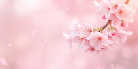 Obraz premium Pink sakura petals gently falling in the background with soft focus, serene, sakura, falling