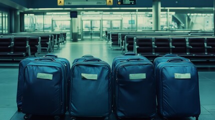 Fototapeta premium Two suitcases at an airport terminal, blue sky and plane in the background, concept of travel. 3D Rendering