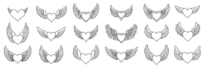 Heart with wings black linear set. Hand drawn decorative elements collection perfect for Valentine's Day designs, tattoos, greeting cards, posters, stickers, and scrapbooking.