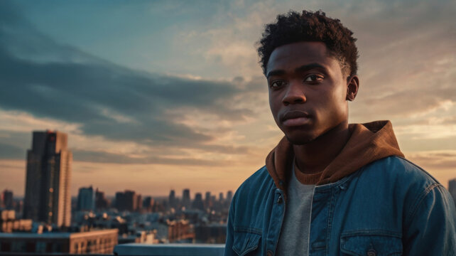 Un joven negro se encuentra en una azotea, mirando el paisaje urbano
