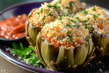 Baked stuffed artichokes with breadcrumbs and herbs