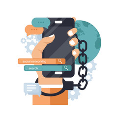 Modern phone internet and social networks addiction metaphor. Flat style vector concept. Internet addiction, nomophobia and digital detox