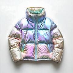 A Holographic Puffer Jacket in Y2K Style Positioned on a Clean Background