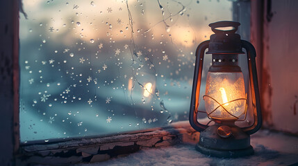 candle lantern / lamp in deep snowy landscape.