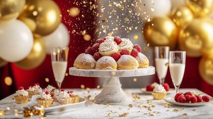 Naklejka premium いちごとスイーツで彩られたパーティーテーブル