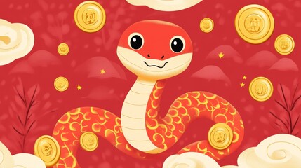 Fototapeta premium Happy Chinese new year 2025 greeting card with cute snake and gold money. Animal zodiac cartoon character. Translate: Happy new year, snake. -Vector
