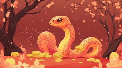 Obraz premium Happy Chinese new year 2025 greeting card with cute snake and gold money. Animal zodiac cartoon character. Translate: Happy new year, snake. -Vector