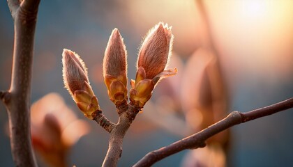 Buds burst on bare branches, symbolizing the beginning of spring.