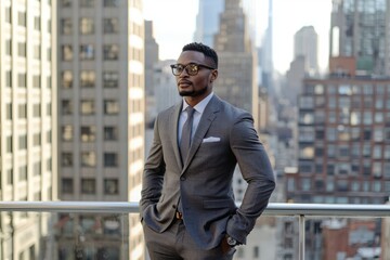 A determined businessman standing tall against a cityscape backdrop, visualizing success and future growth as he pursues his business objectives.