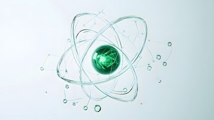 Green illuminated atomic structure showcasing subatomic particles and energy flow in a modern scientific illustration