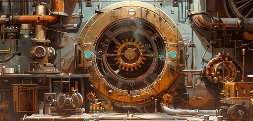 Steampunk-inspired mechanical vault door with intricate gears, pipes, and industrial elements. Concept of engineering, retro-futurism, industrial design, and mechanical innovation. Art