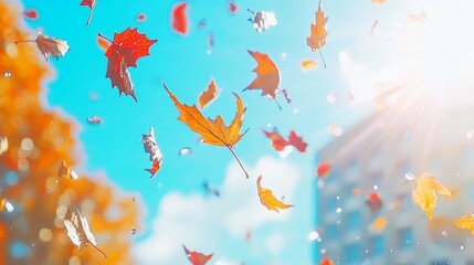 Colorful autumn leaves falling against a bright blue sky.