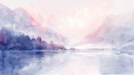 Naklejka premium Serene Watercolor Art of a Peaceful Mountain Lake at Sunrise Capturing Tranquility of Nature Seen in Calm Waters and Misty Hills