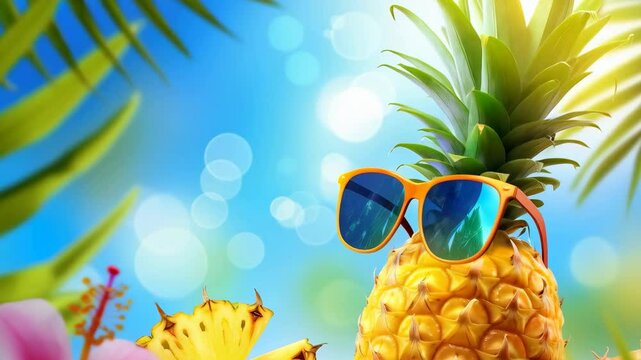 A ripe pineapple wearing cool sunglasses, set against a bright, sunny tropical background with palm leaves and flowers. Concept of summer fun and tropical vibes.