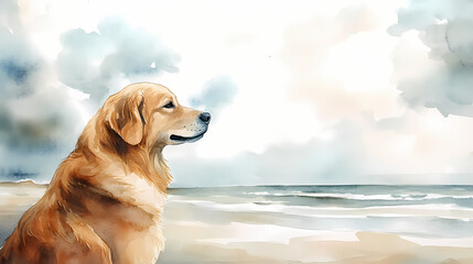 A serene watercolor sketch of a golden retriever gazing thoughtfully towards the horizon on a calm afternoon, capturing the gentle grace and warmth of this beloved breed. Aureate. Illustration