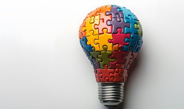 white background with a lightbulb made of multicolored puzzle pieces