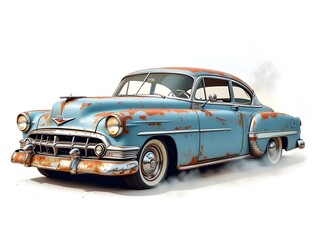 Obraz premium Rusty Blue Vintage Car with Classic Design and Worn Paint on white background