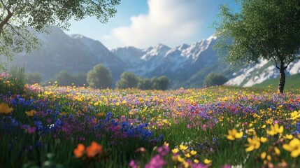 Fototapeta premium Vibrant Wildflower Meadow, Majestic Mountain Panorama