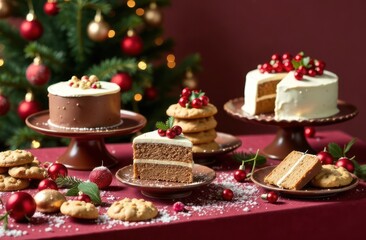 Christmas dessert table adorned with mocha mousse hues, featuring cakes, cookies and festive decorations. holiday atmosphere. New year greeting card design and culinary promotion.