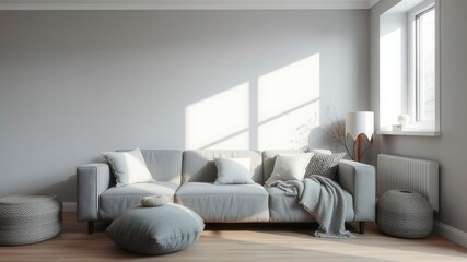 Scandinavian apartment interior featuring a cozy grey couch with plush pillows, minimalist decor, natural light, and wooden floors, pillows, cozy