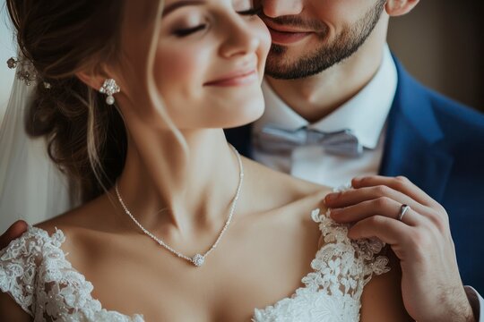 A groom surprises his bride with a necklace on their wedding day, capturing the intimate moment. The image focuses on the emotion and elegance the gesture, 