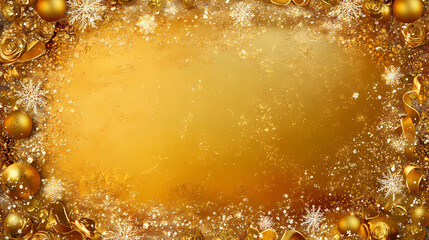 A warm gold christmas template framed with shimmering golden baubles, snowflakes, and ribbon, offering a luxurious feel for festive designs. Aureate. Illustration