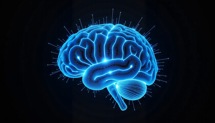 Illuminated digital brain representation with glowing neural connections on a dark background