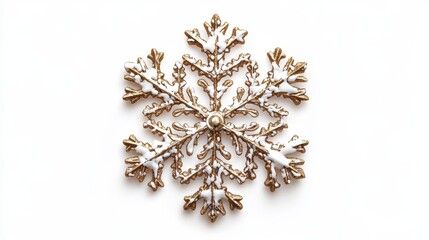 Glittering Gold Snowflake Ornament on White Background - Festive Winter Decoration