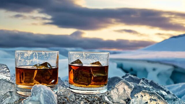 Two glasses of whiskey or scotch stand on the snow with a frozen lake in the background. Strong alcoholic drinks with winter landscape.